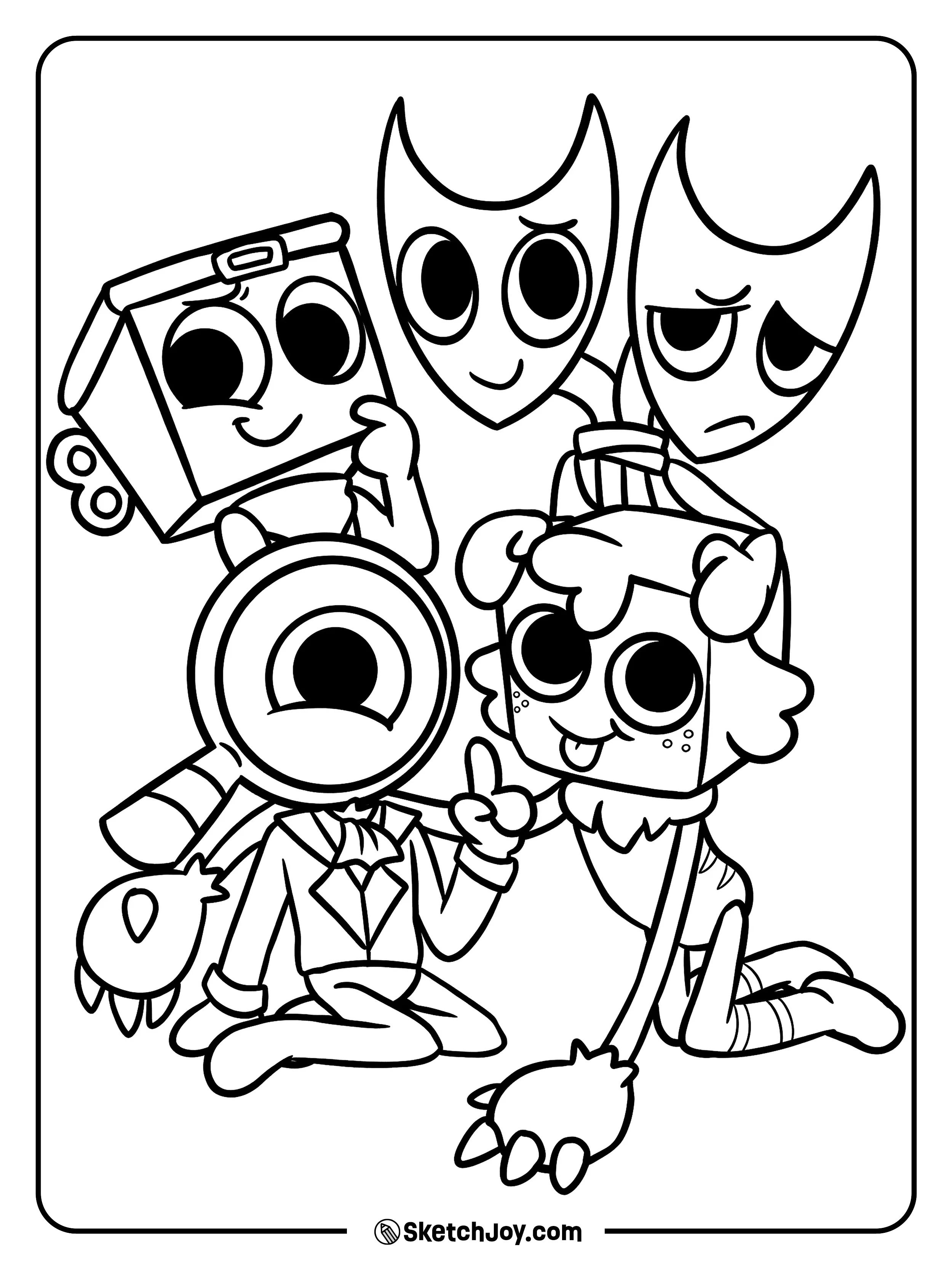 A fun group of Dandys World characters sits together for a playful cast picture.